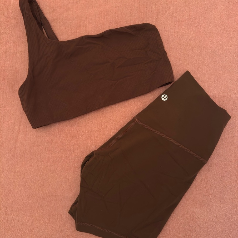Lululemon Athletica Brown One-Shoulder Top and Shorts Set